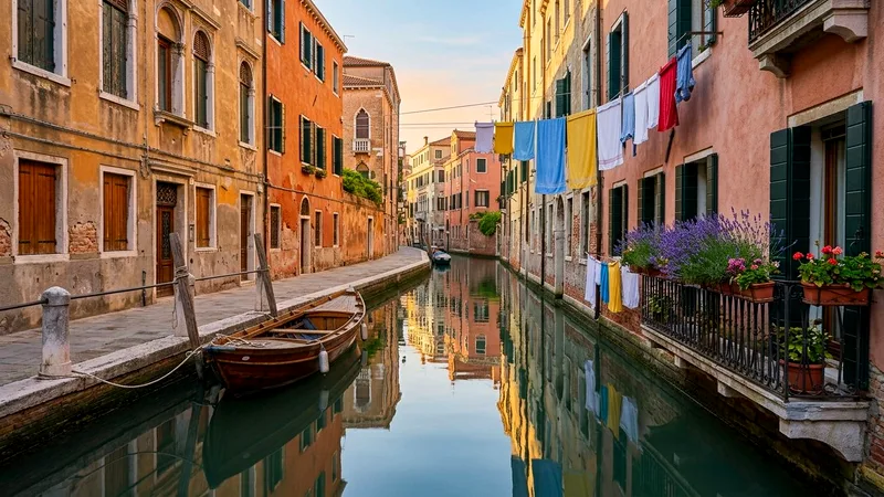 Narrow Cannaregio canal with moored boat, colorful houses and hanging laundry.