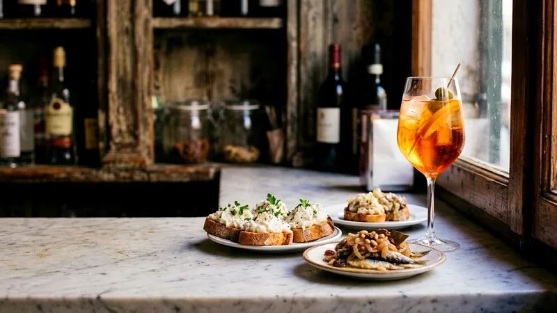 Venetian cicchetti and an orange spritz on a marble bar counter.